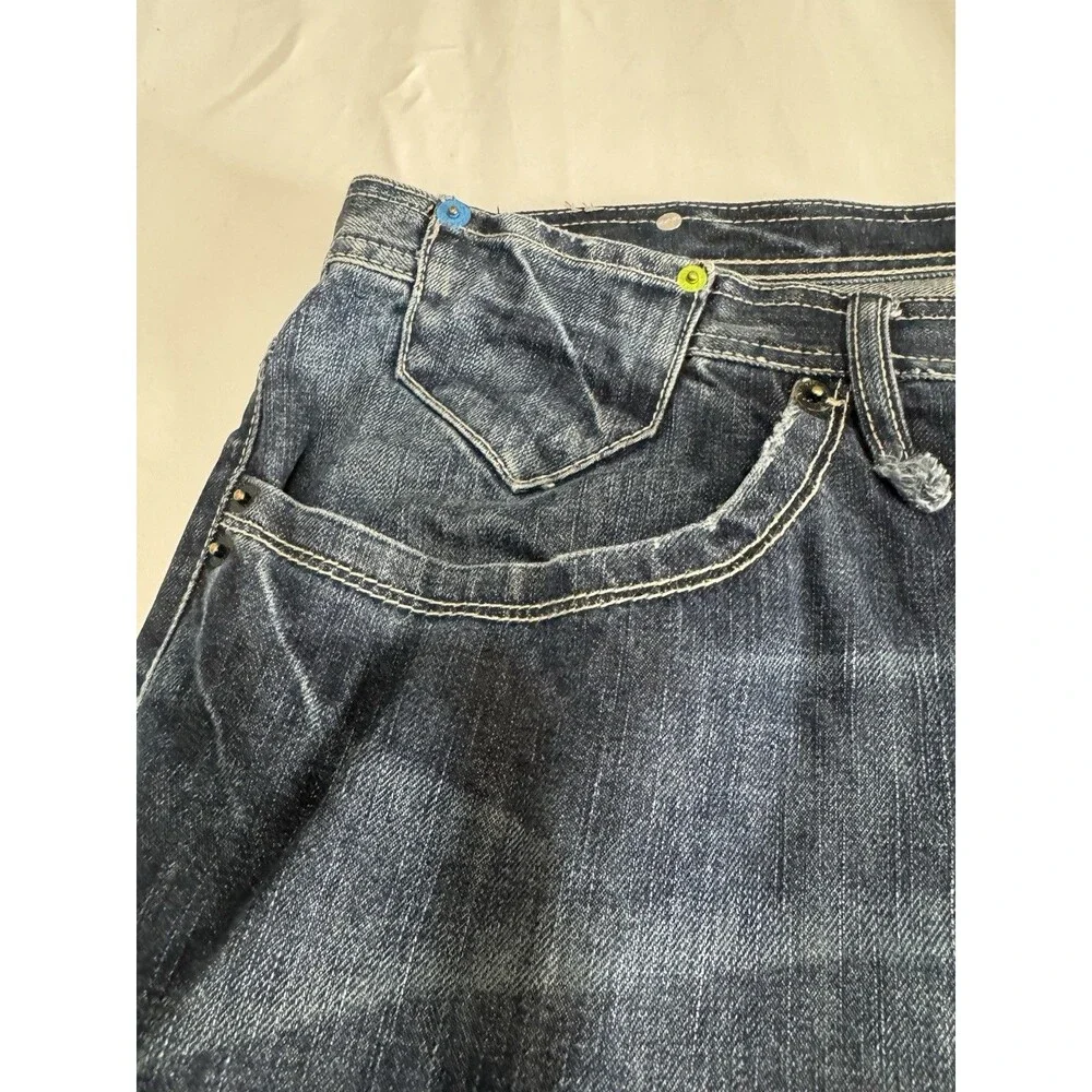 Artful Dodger Blue Jeans Embroidered Pockets Wide Leg Baggy Y2K Mens Size 42X33